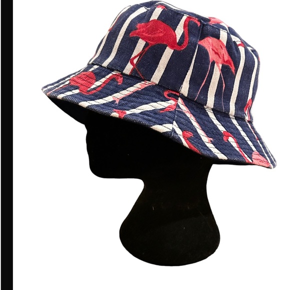 Accessories - PInk Flamingo with with Stripes and Navy background Bucket Hat